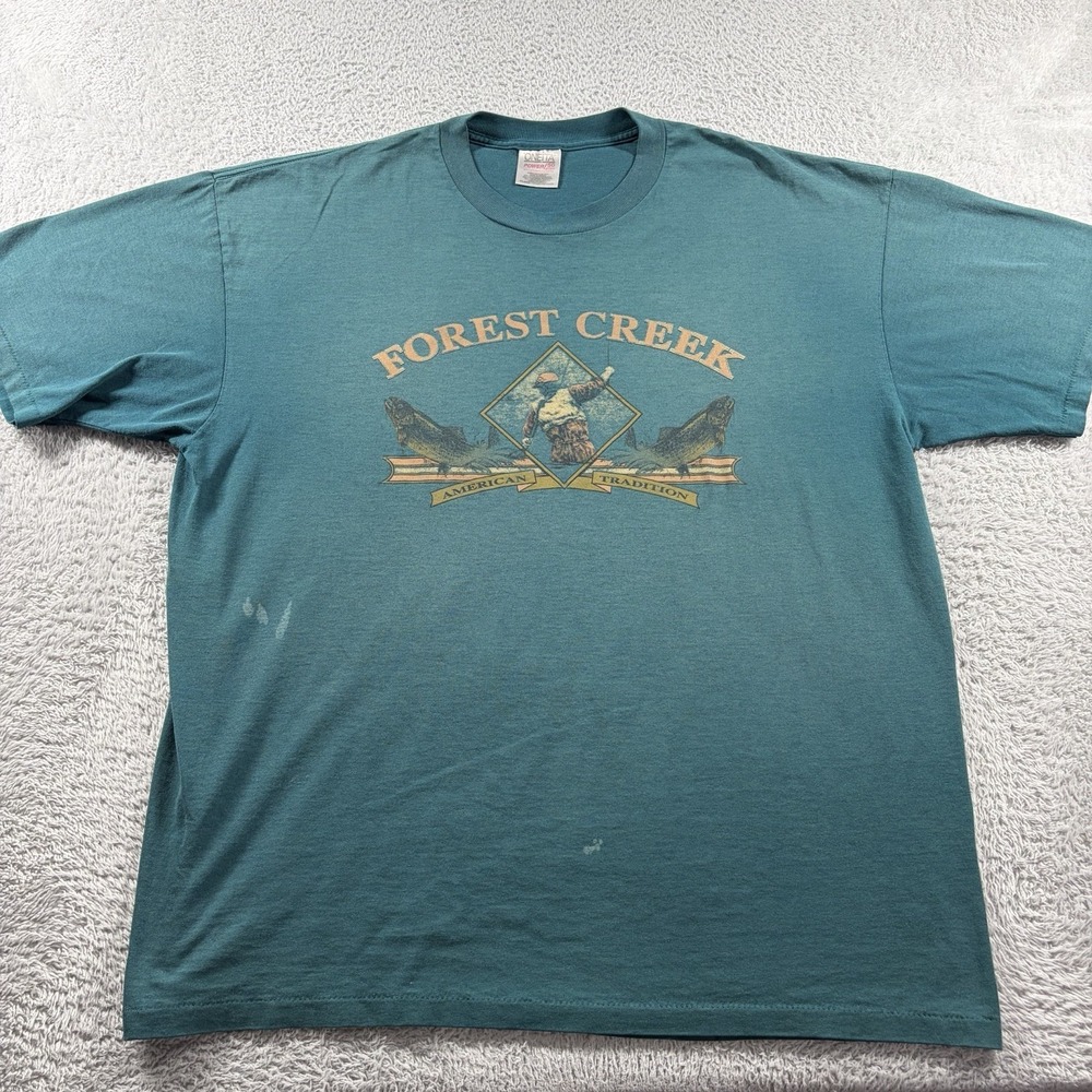 VINTAGE Destination Fishing Shirt Mens 2XL Green Graphic Forest Creek